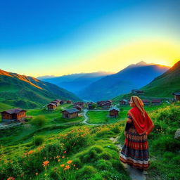A stunning landscape of Kurdistan, showcasing the breathtaking mountains and valleys, dotted with traditional Kurdish houses