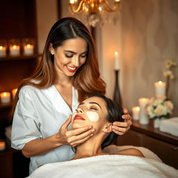 A beautiful woman with long, flowing hair, smiling softly while giving a facial treatment to another woman in a luxurious spa setting
