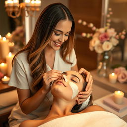 A beautiful woman with long, flowing hair, smiling softly while giving a facial treatment to another woman in a luxurious spa setting
