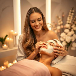 A beautiful woman with long, flowing hair, smiling softly while giving a facial treatment to another woman in a luxurious spa setting