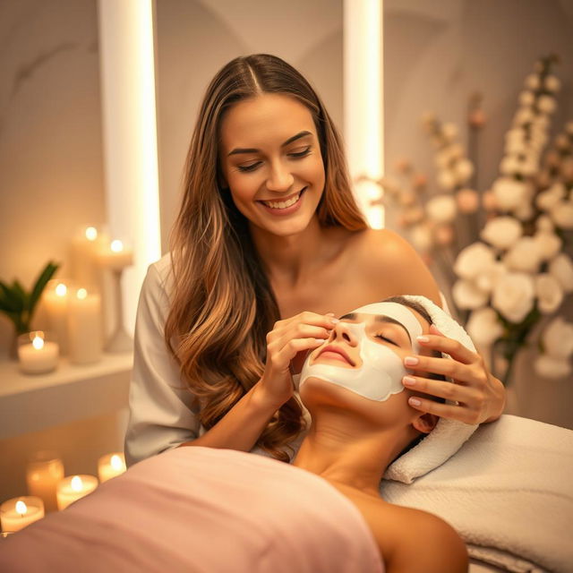 A beautiful woman with long, flowing hair, smiling softly while giving a facial treatment to another woman in a luxurious spa setting