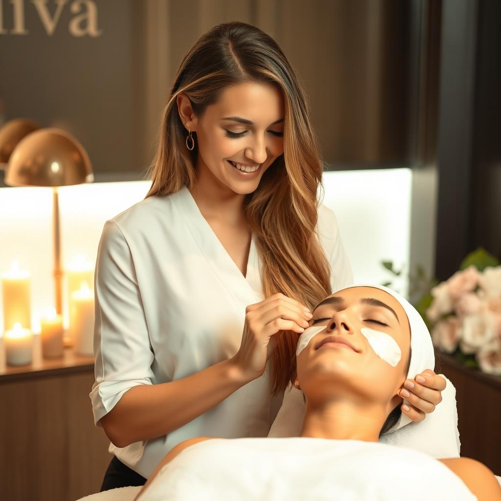 A beautiful woman with long, flowing hair, smiling softly while giving a facial treatment to another woman in a luxurious spa setting