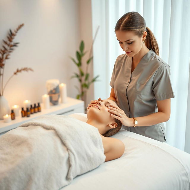 A woman in a serene spa environment giving a facial massage to another woman, showcasing a relaxing atmosphere with soft lighting and calming decor