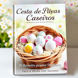 A charming book cover design titled 'Cesta de Ovos de Páscoa Caseiros: 20 Receitas para Ganhar Dinheiro'