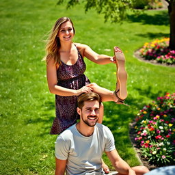 A bold and confident woman playfully placing her foot on a man's shoulder while both of them are outdoors