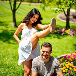 A bold and confident woman playfully placing her foot on a man's shoulder while both of them are outdoors