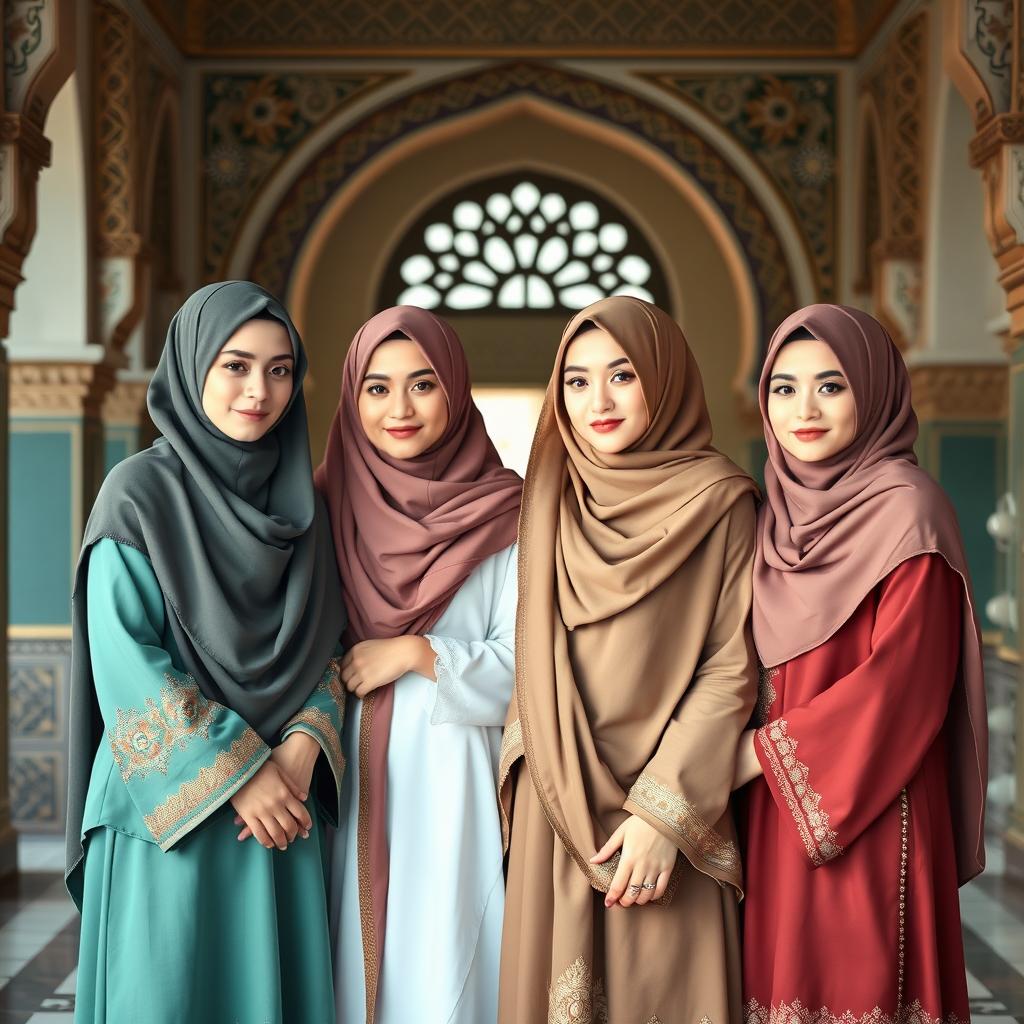 A serene and respectful depiction of four women in beautiful traditional Islamic attire, each wearing elegant niqabs that frame their faces with modesty
