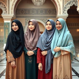 A serene and respectful depiction of four women in beautiful traditional Islamic attire, each wearing elegant niqabs that frame their faces with modesty