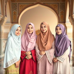 A serene and respectful depiction of four women in beautiful traditional Islamic attire, each wearing elegant niqabs that frame their faces with modesty