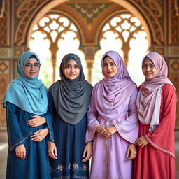 A serene and respectful depiction of four women in beautiful traditional Islamic attire, each wearing elegant niqabs that frame their faces with modesty