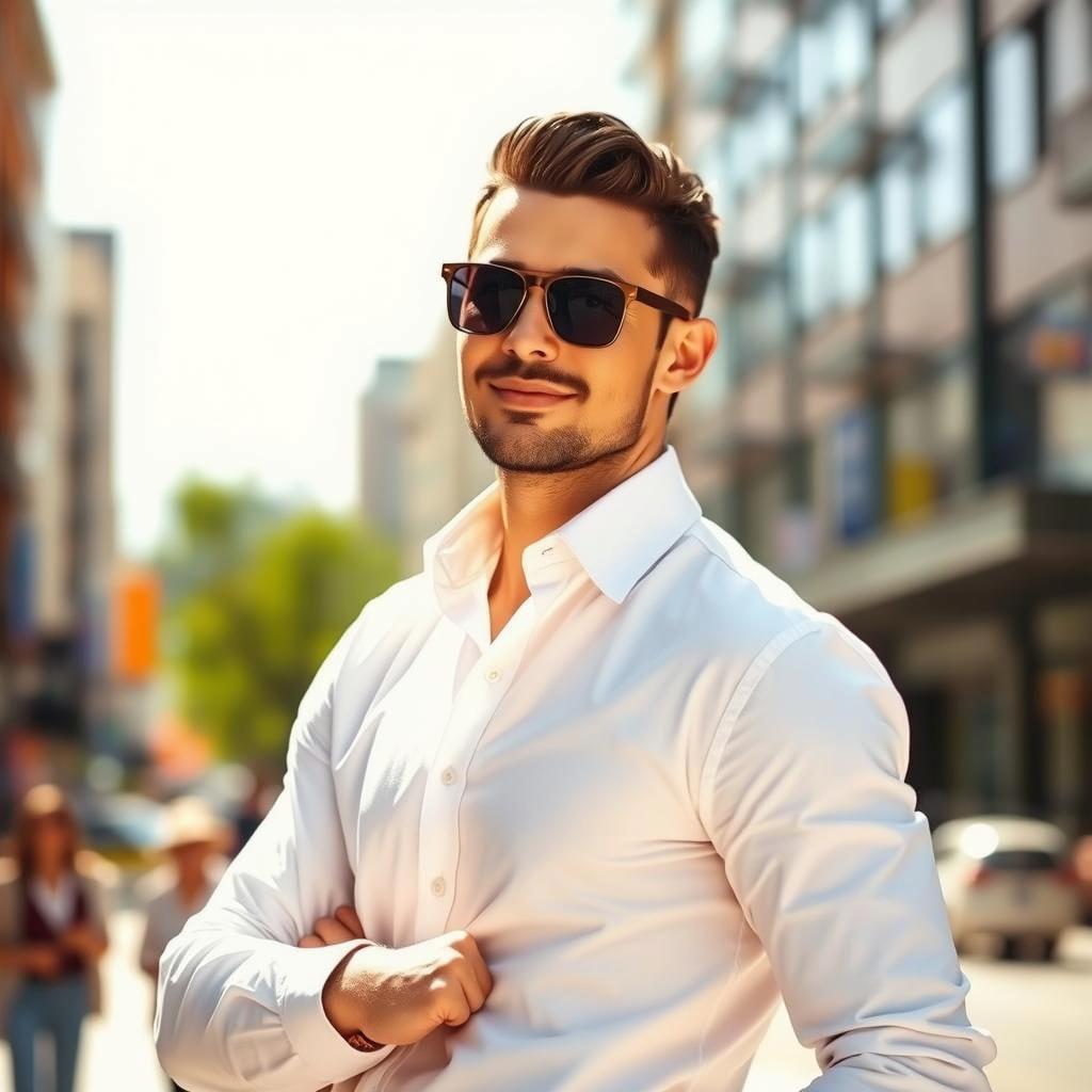 A stylish young man standing confidently on a busy city street, wearing a crisp white shirt and round-shaped sunglasses