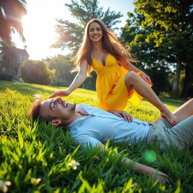 A man comfortably lying on lush green grass, with a relaxed expression on his face