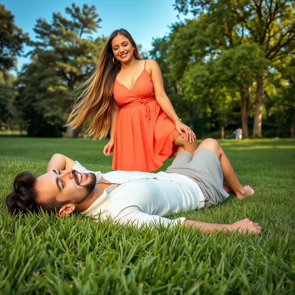 A man comfortably lying on lush green grass, with a relaxed expression on his face
