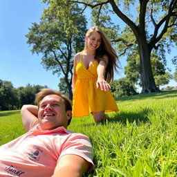 A man comfortably lying on lush green grass, with a relaxed expression on his face