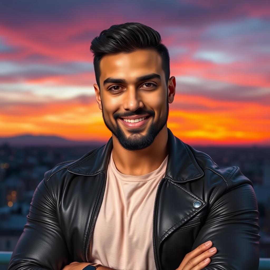 A portrait of a confident, athletic man named Amirali with chiseled features and expressive eyes