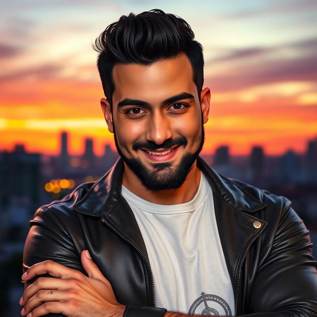 A portrait of a confident, athletic man named Amirali with chiseled features and expressive eyes