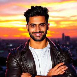 A portrait of a confident, athletic man named Amirali with chiseled features and expressive eyes