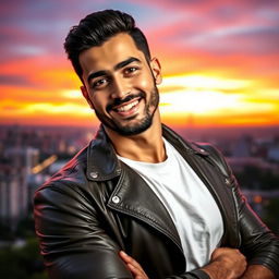 A portrait of a confident, athletic man named Amirali with chiseled features and expressive eyes