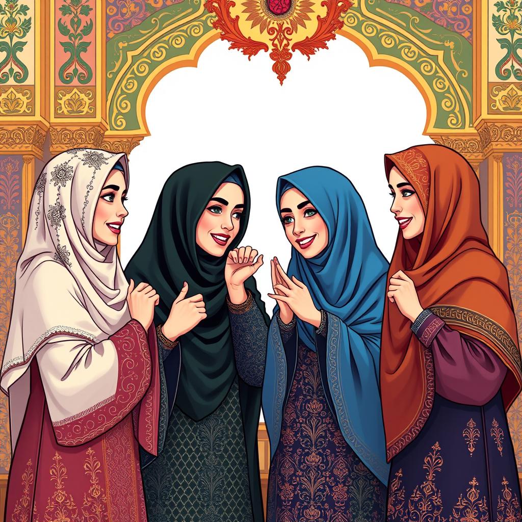 An artistic depiction of four women in traditional niqab attire engaged in a playful yet spirited debate