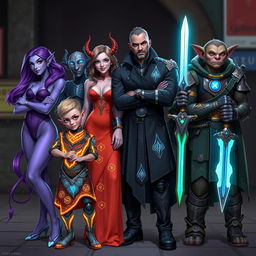 A dynamic group portrait featuring a diverse adventuring party in an urban fantasy setting