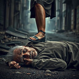 A poignant scene depicting a poor old man lying on the ground, with a weathered and sorrowful expression, surrounded by a gritty urban landscape