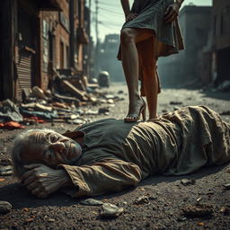 A poignant scene depicting a poor old man lying on the ground, with a weathered and sorrowful expression, surrounded by a gritty urban landscape