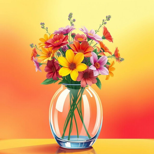 A stunning illustration of a glass vase filled with colorful flowers, placed against a vibrant background featuring shades of yellow and red