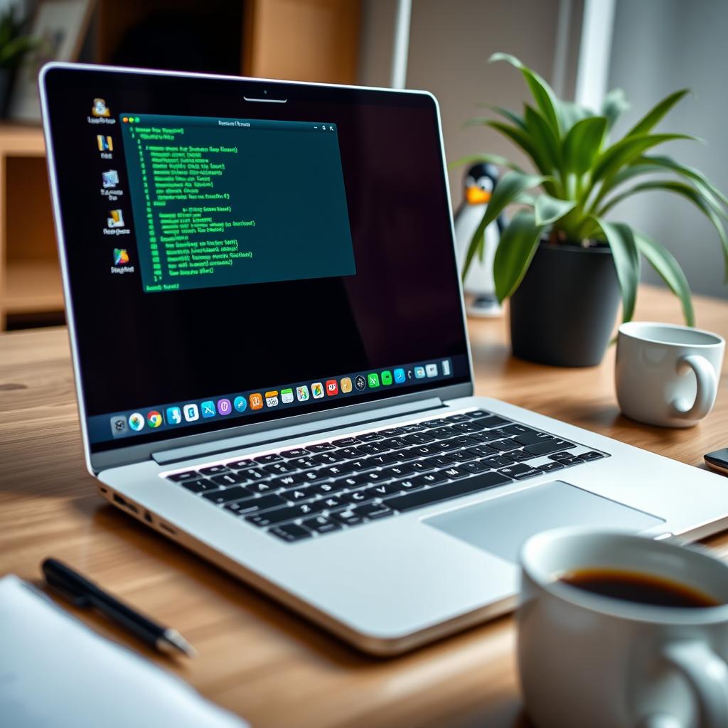 A close-up view of a Linux operating system interface displayed on a modern laptop screen, showcasing a sleek terminal window with green text on a dark background, vivid icons representing various applications, and a stylish desktop background featuring the Tux penguin mascot in a tech-themed design