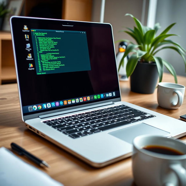 A close-up view of a Linux operating system interface displayed on a modern laptop screen, showcasing a sleek terminal window with green text on a dark background, vivid icons representing various applications, and a stylish desktop background featuring the Tux penguin mascot in a tech-themed design
