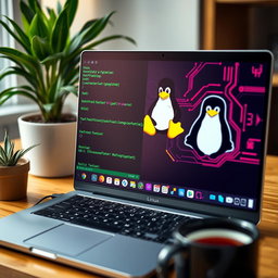 A close-up view of a Linux operating system interface displayed on a modern laptop screen, showcasing a sleek terminal window with green text on a dark background, vivid icons representing various applications, and a stylish desktop background featuring the Tux penguin mascot in a tech-themed design