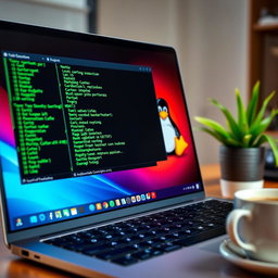 A close-up view of a Linux operating system interface displayed on a modern laptop screen, showcasing a sleek terminal window with green text on a dark background, vivid icons representing various applications, and a stylish desktop background featuring the Tux penguin mascot in a tech-themed design