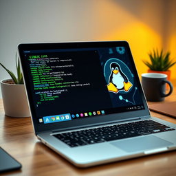 A close-up view of a Linux operating system interface displayed on a modern laptop screen, showcasing a sleek terminal window with green text on a dark background, vivid icons representing various applications, and a stylish desktop background featuring the Tux penguin mascot in a tech-themed design