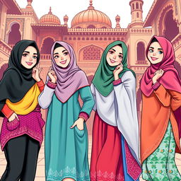 A vibrant and playful illustration of four women in traditional niqab attire, each showcasing their unique personalities