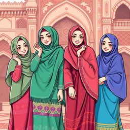 A vibrant and playful illustration of four women in traditional niqab attire, each showcasing their unique personalities