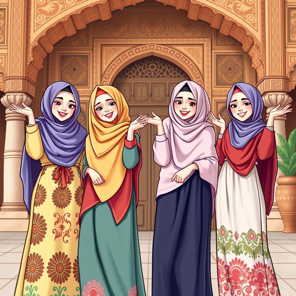 A vibrant and playful illustration of four women in traditional niqab attire, each showcasing their unique personalities