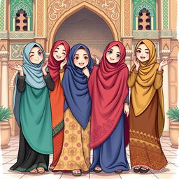 A vibrant and playful illustration of four women in traditional niqab attire, each showcasing their unique personalities