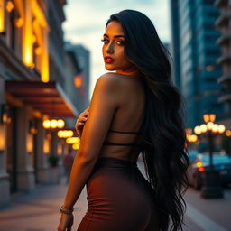 A very tall, attractive, and sensual Indian-Turkish woman with a striking presence, featuring impressive big boobs and long, flowing black hair
