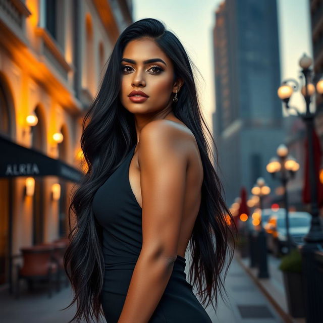 A very tall, attractive, and sensual Indian-Turkish woman with a striking presence, featuring impressive big boobs and long, flowing black hair