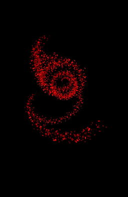 In an all-black background, small red flames dance and swirl in a mesmerizing spiral formation, flickering with a vibrant glow, creating an enchanting visual effect that highlights their fiery movement against the dark backdrop