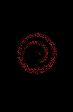 In an all-black background, small red flames dance and swirl in a mesmerizing spiral formation, flickering with a vibrant glow, creating an enchanting visual effect that highlights their fiery movement against the dark backdrop