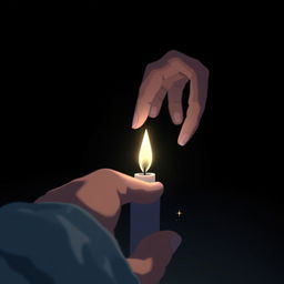 A close-up of a delicate hand slowly reaching towards a small, flickering candle, casting a warm, soft glow amidst the pitch-black darkness surrounding it