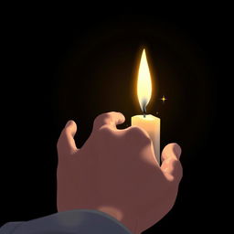 A close-up of a delicate hand slowly reaching towards a small, flickering candle, casting a warm, soft glow amidst the pitch-black darkness surrounding it