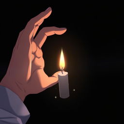 A close-up of a delicate hand slowly reaching towards a small, flickering candle, casting a warm, soft glow amidst the pitch-black darkness surrounding it