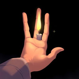 A close-up of a delicate hand slowly reaching towards a small, flickering candle, casting a warm, soft glow amidst the pitch-black darkness surrounding it