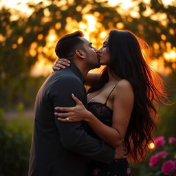 A very tall, hot and sensual Indian-Turkish woman with big boobs and long, flowing black hair, passionately kissing her boyfriend