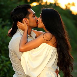 A very tall, hot and sensual Indian-Turkish woman with big boobs and long, flowing black hair, passionately kissing her boyfriend
