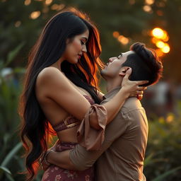 A very tall, hot and sensual Indian-Turkish woman with big boobs and long, flowing black hair, passionately kissing her boyfriend