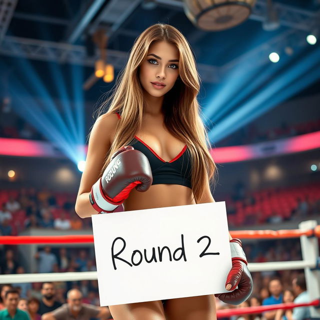 A beautiful female boxing ring card girl holding a large placard displaying 'Round 2' in a vibrant boxing arena