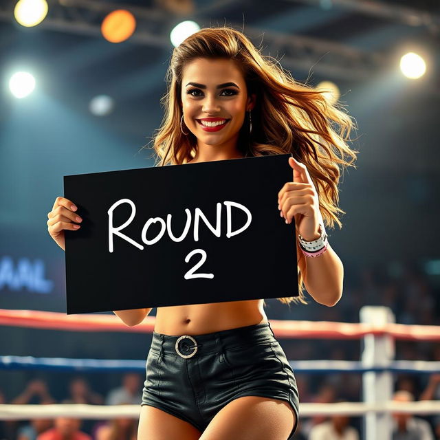 A stunning ring card girl energetically holding up a large placard that reads 'Round 2'