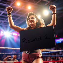 A stunning ring card girl energetically holding up a large placard that reads 'Round 2'
